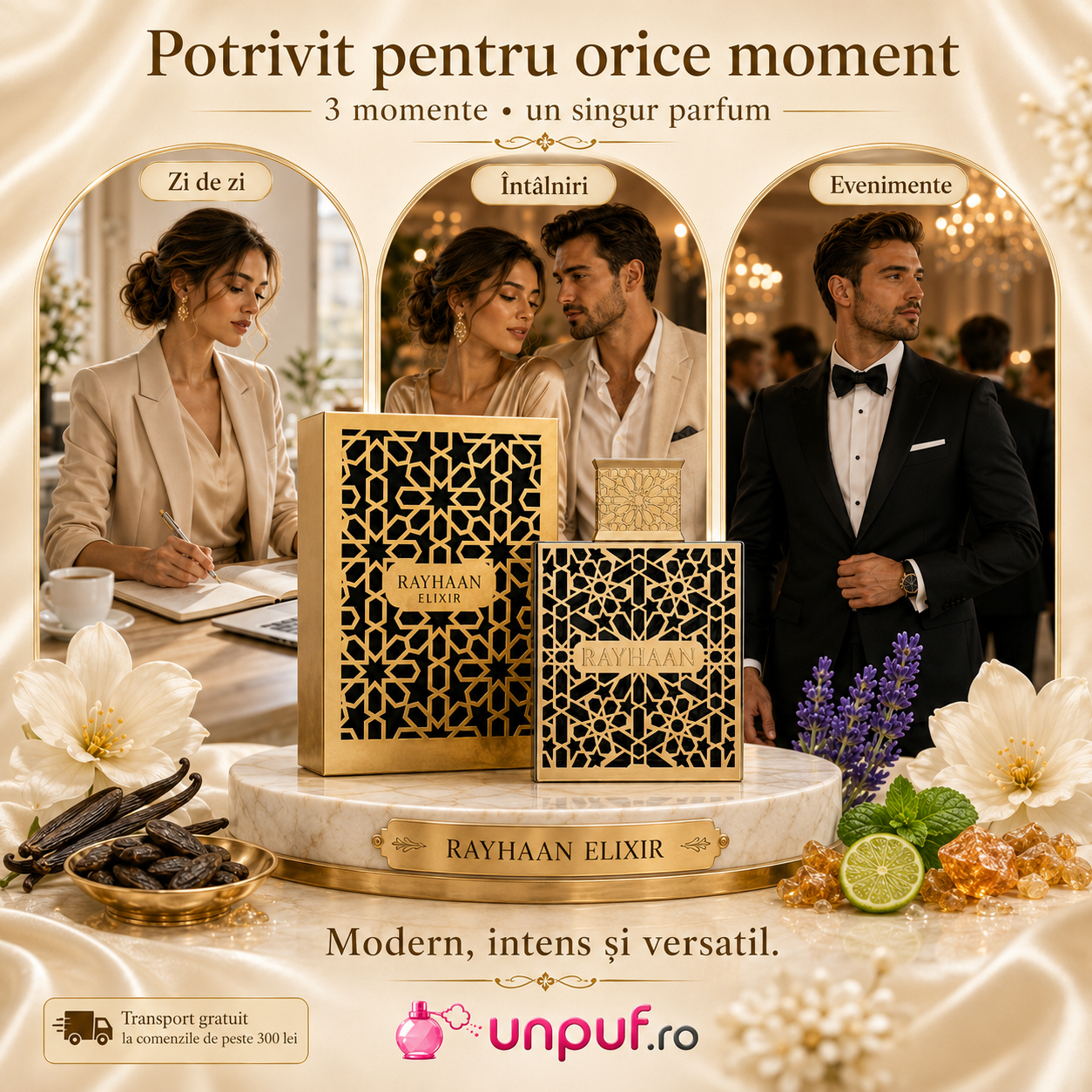 Acorduri principale Rayhaan Elixir, vanilie, ambrat, aromatic, verde și lavandă, parfum Arăbesc unisex